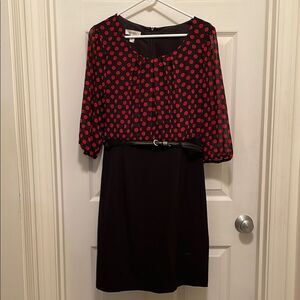 Dressbarn Black Sheath Dress Red Polka Dot Women's Size 12 Classic Career Chic‎
